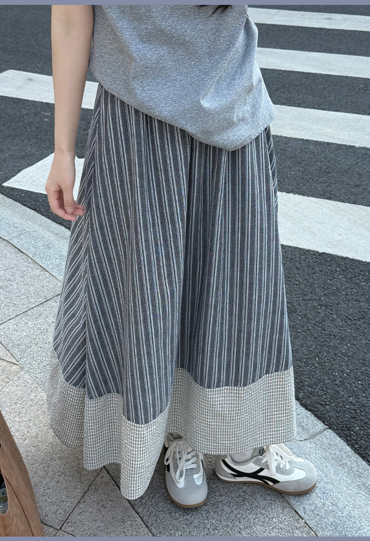Japanese Mori-Style Striped Maxi Skirt With Gingham Border