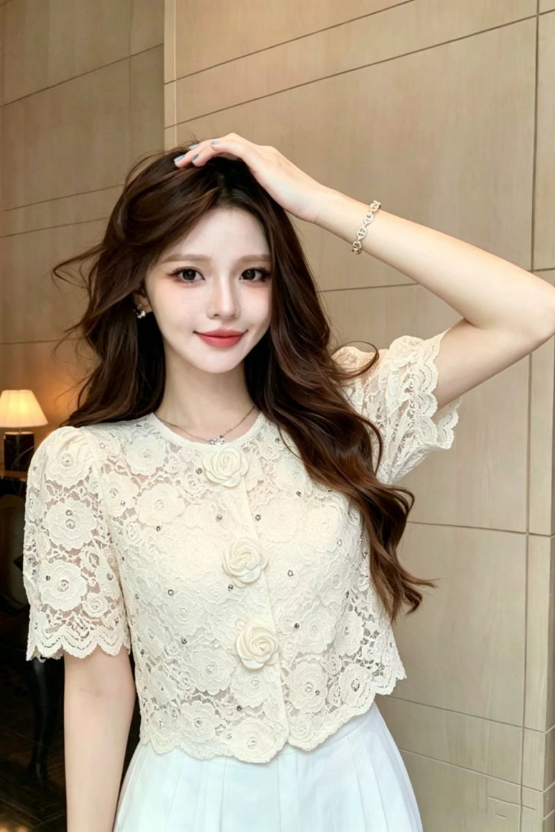 Floral Lace Short Sleeve Blouse with 3D Rose Buttons
