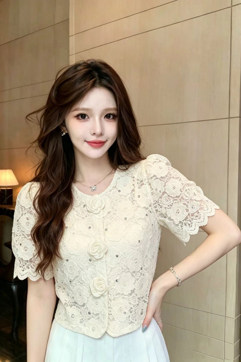 Floral Lace Short Sleeve Blouse with 3D Rose Buttons