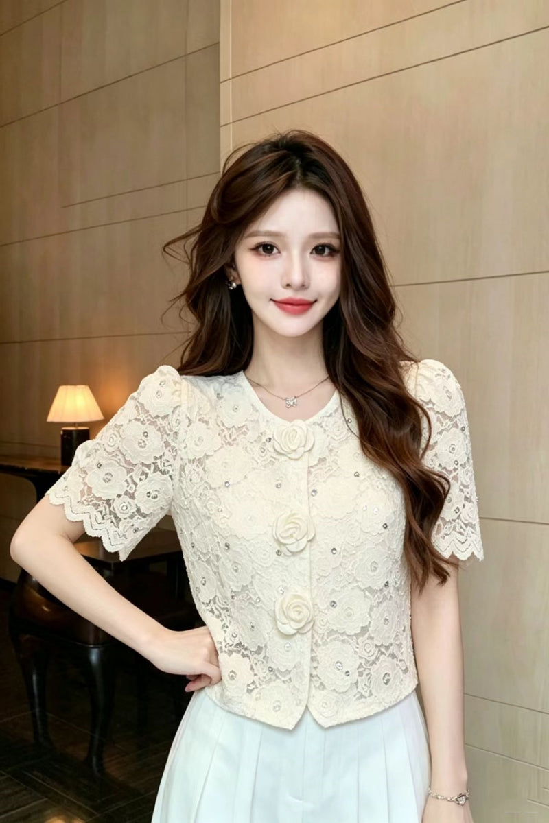 Floral Lace Short Sleeve Blouse with 3D Rose Buttons