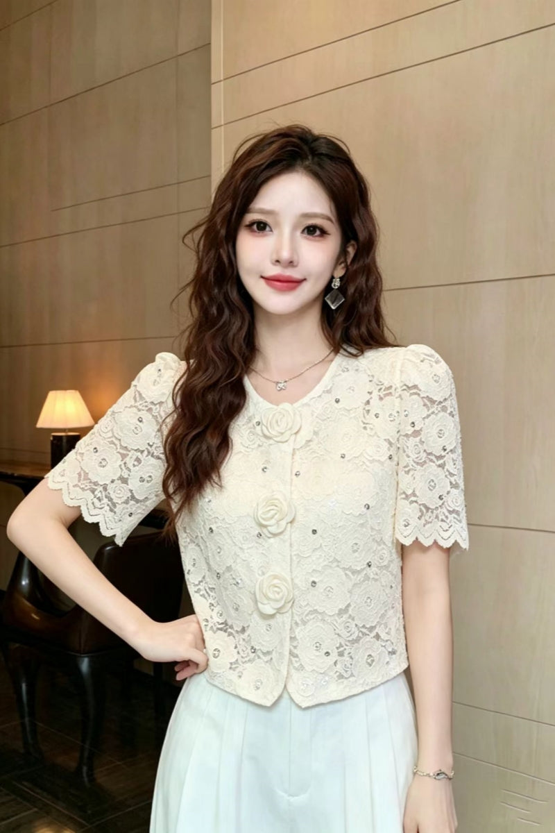 Floral Lace Short Sleeve Blouse with 3D Rose Buttons