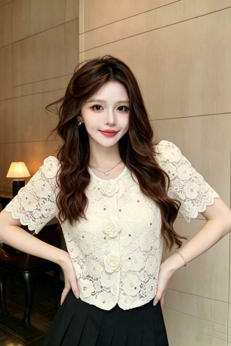 Floral Lace Short Sleeve Blouse with 3D Rose Buttons