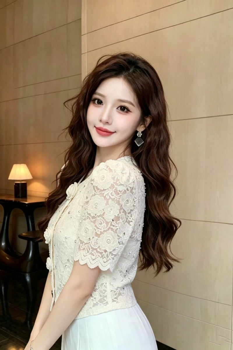 Floral Lace Short Sleeve Blouse with 3D Rose Buttons