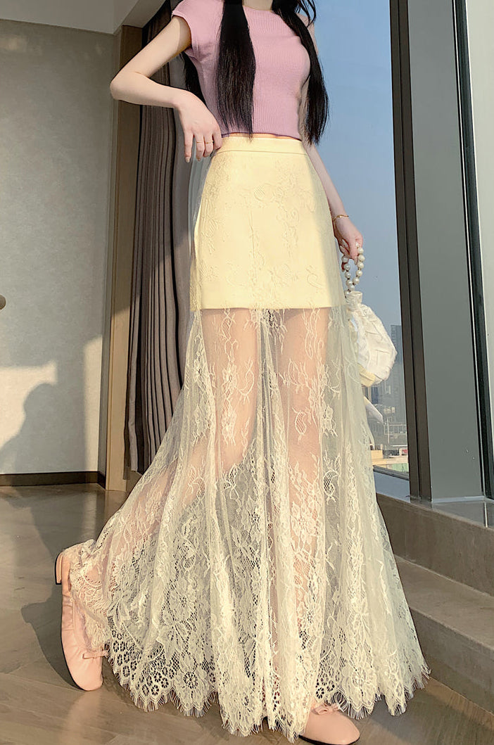Sheer Floral Lace Maxi Skirt with Mini Lining | High-Waisted Overlay Skirt