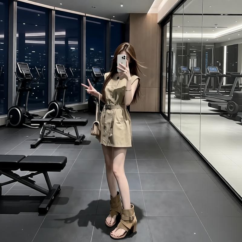 French Retro Khaki Vest Dress