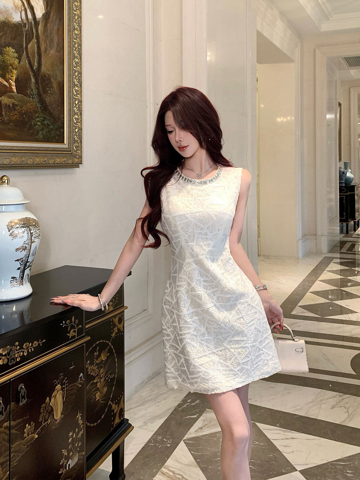 Aura Sleeveless Embroidered Sheath Dress With Rhinestone Detail
