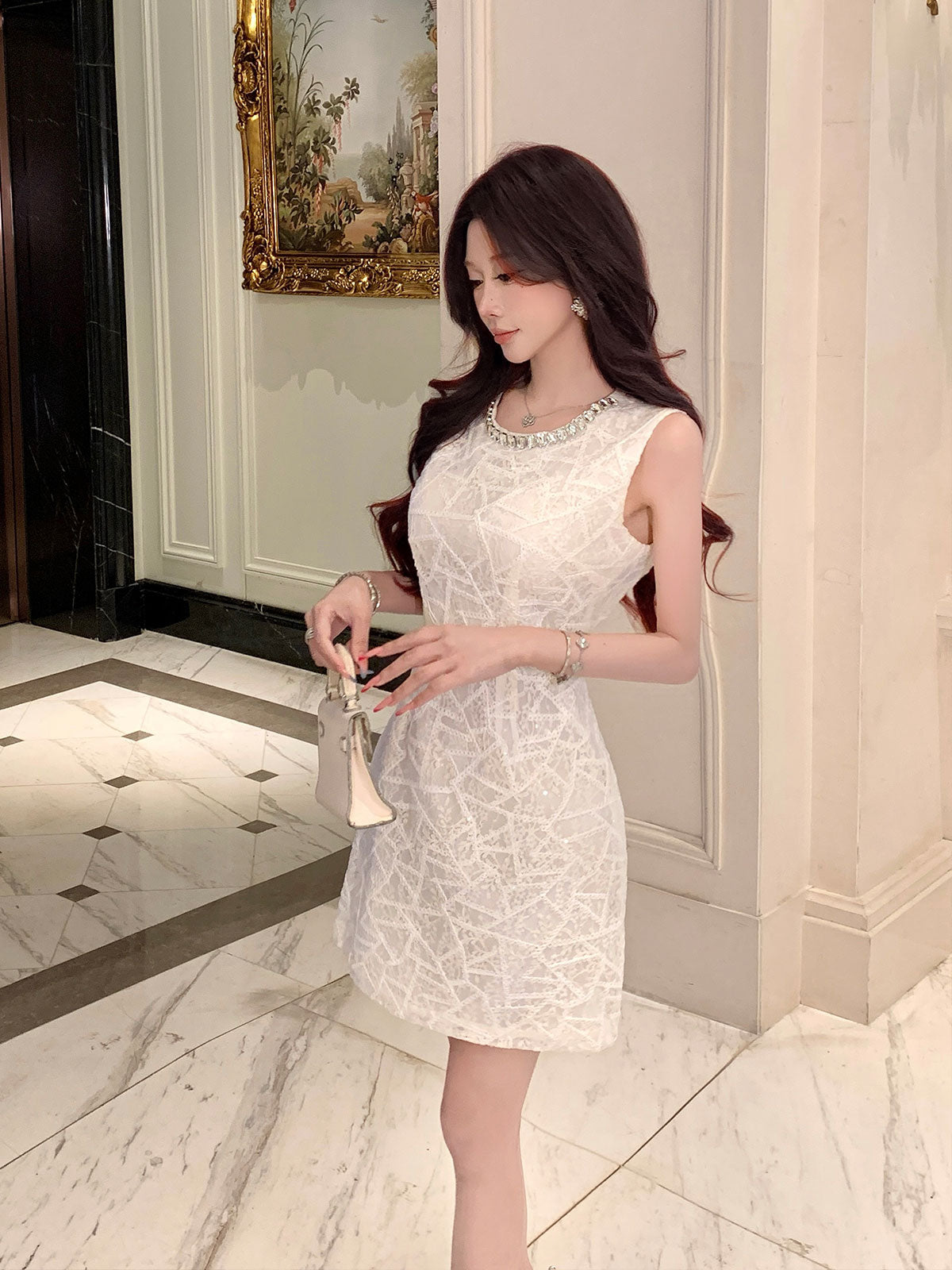 Aura Sleeveless Embroidered Sheath Dress With Rhinestone Detail