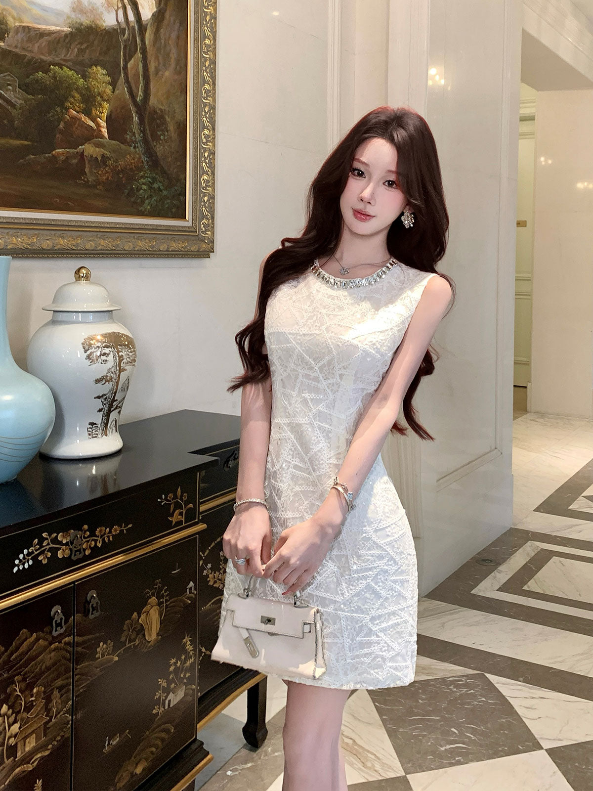 Aura Sleeveless Embroidered Sheath Dress With Rhinestone Detail