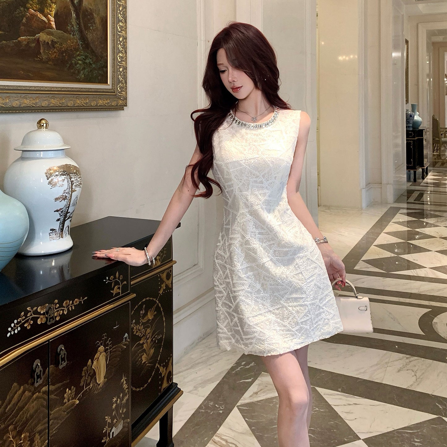 Aura Sleeveless Embroidered Sheath Dress With Rhinestone Detail