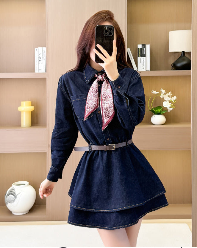 Tiered Skirt Long Sleeve Denim Mini Dress