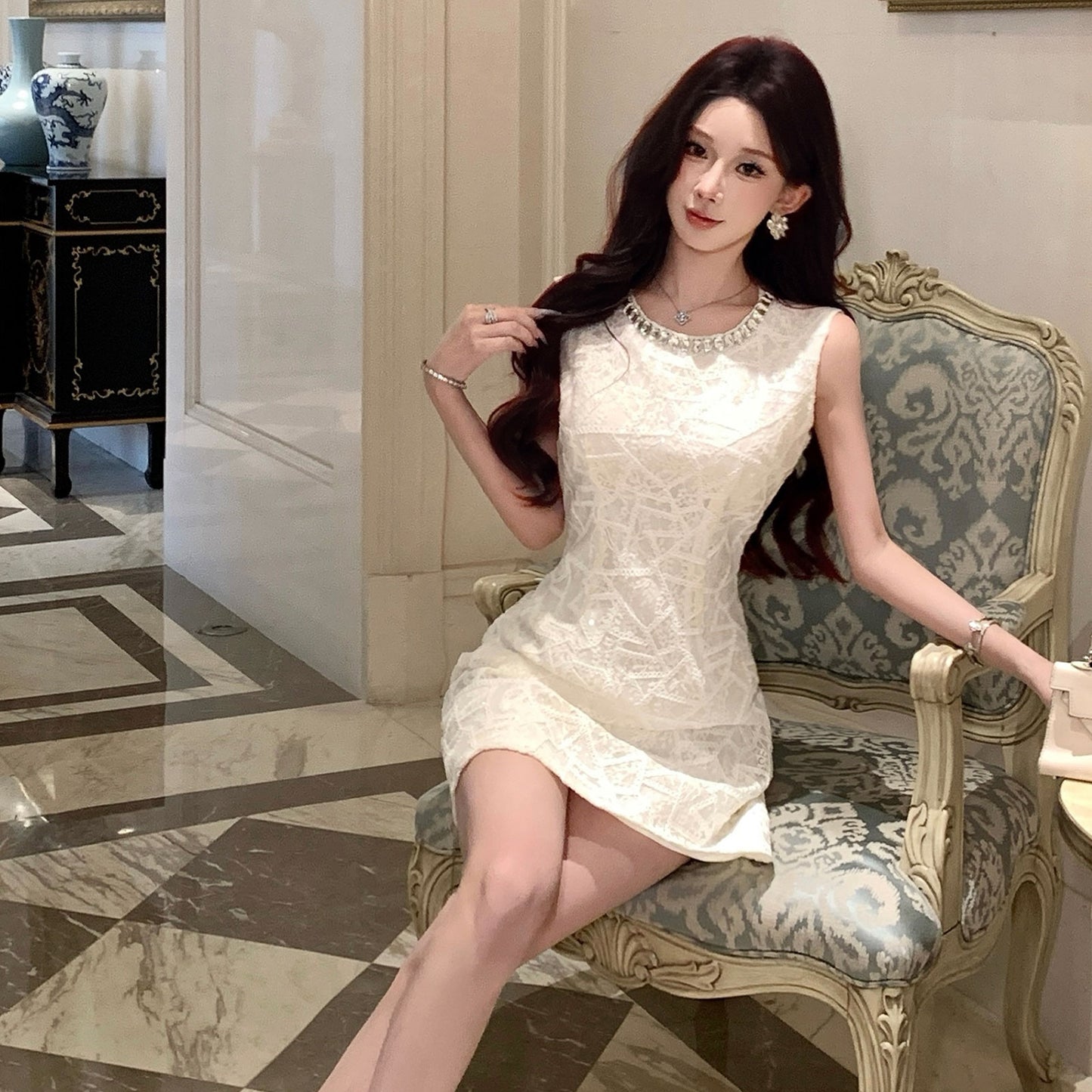 Aura Sleeveless Embroidered Sheath Dress With Rhinestone Detail
