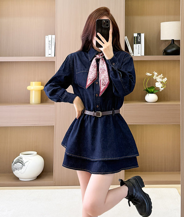Tiered Skirt Long Sleeve Denim Mini Dress