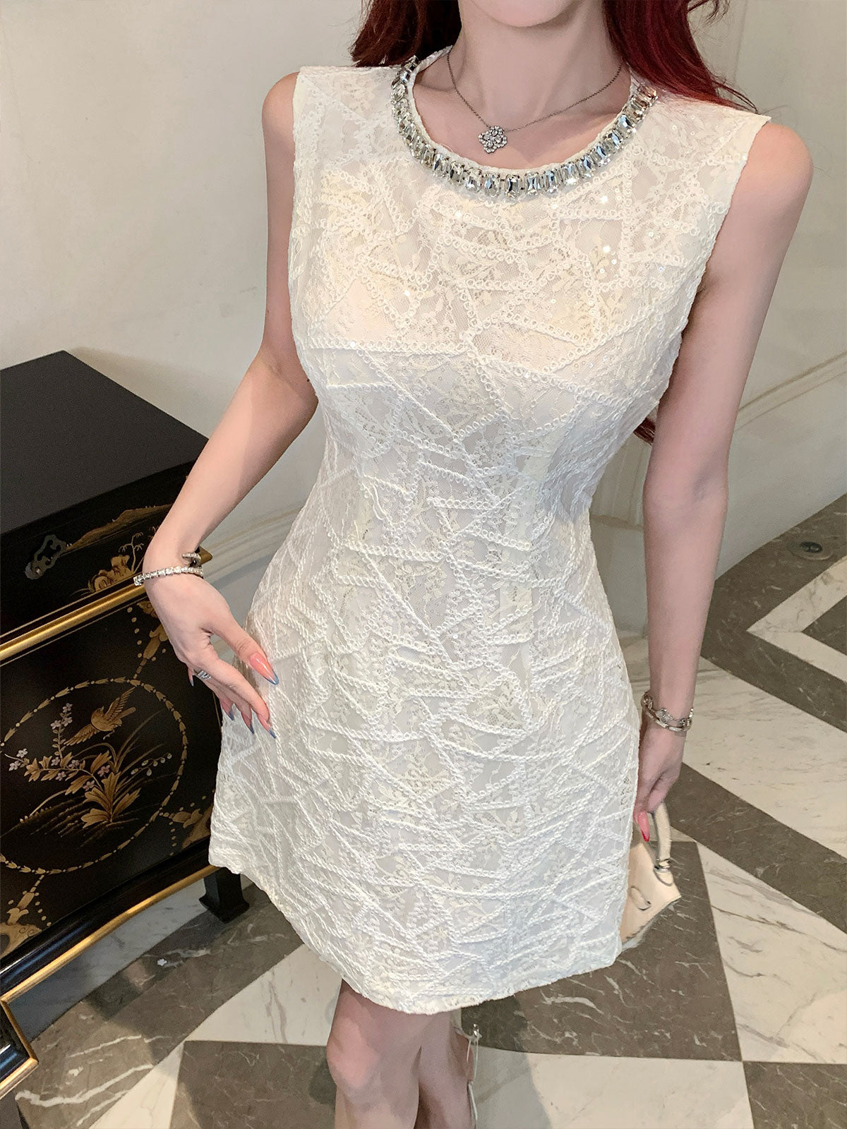 Aura Sleeveless Embroidered Sheath Dress With Rhinestone Detail