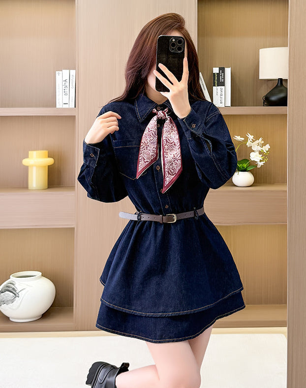 Tiered Skirt Long Sleeve Denim Mini Dress