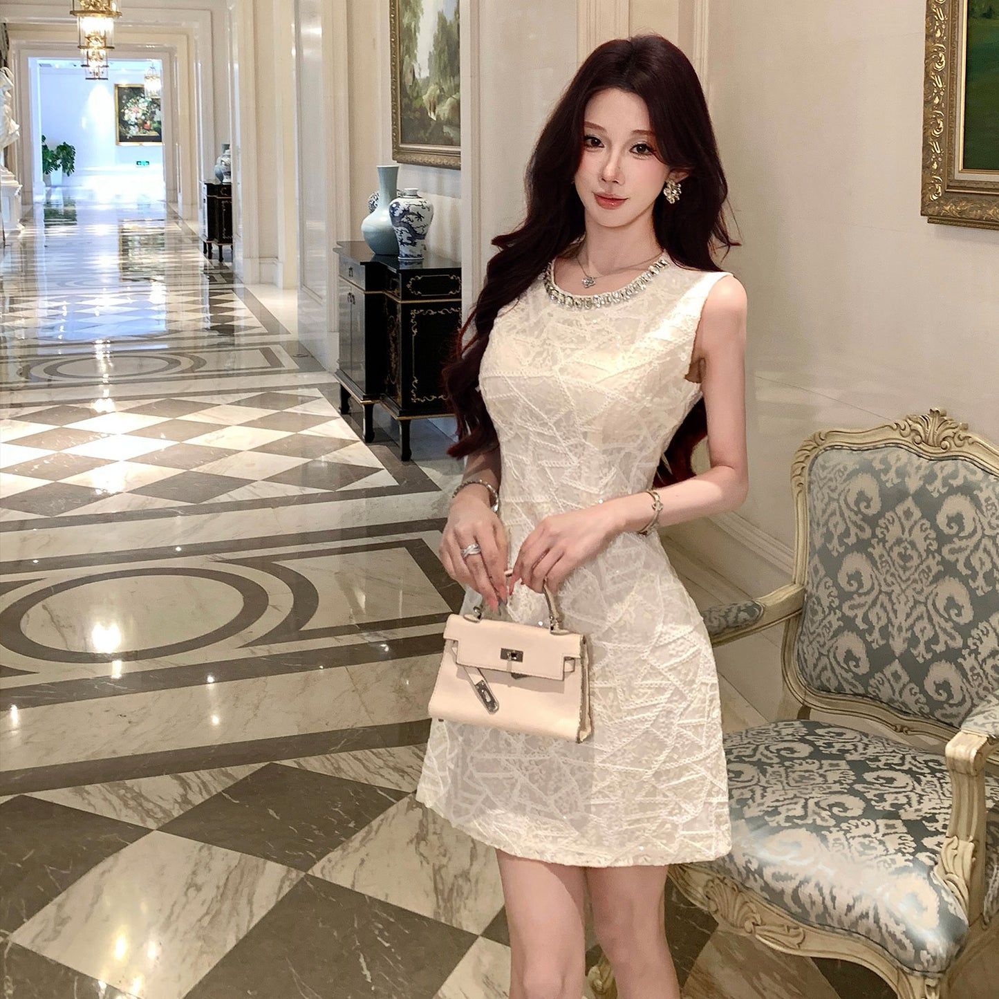 Aura Sleeveless Embroidered Sheath Dress With Rhinestone Detail