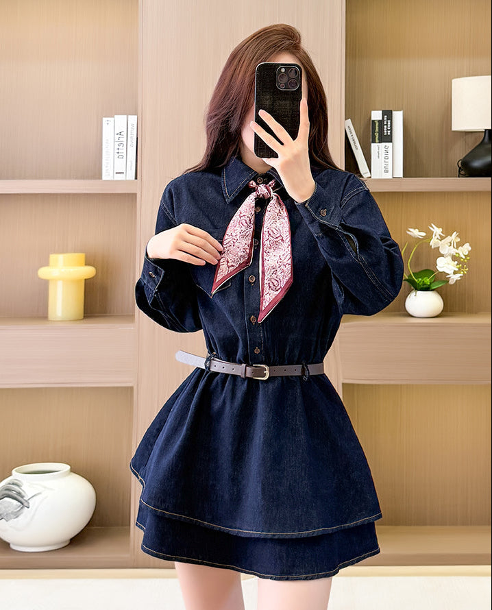Tiered Skirt Long Sleeve Denim Mini Dress