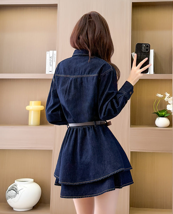 Tiered Skirt Long Sleeve Denim Mini Dress