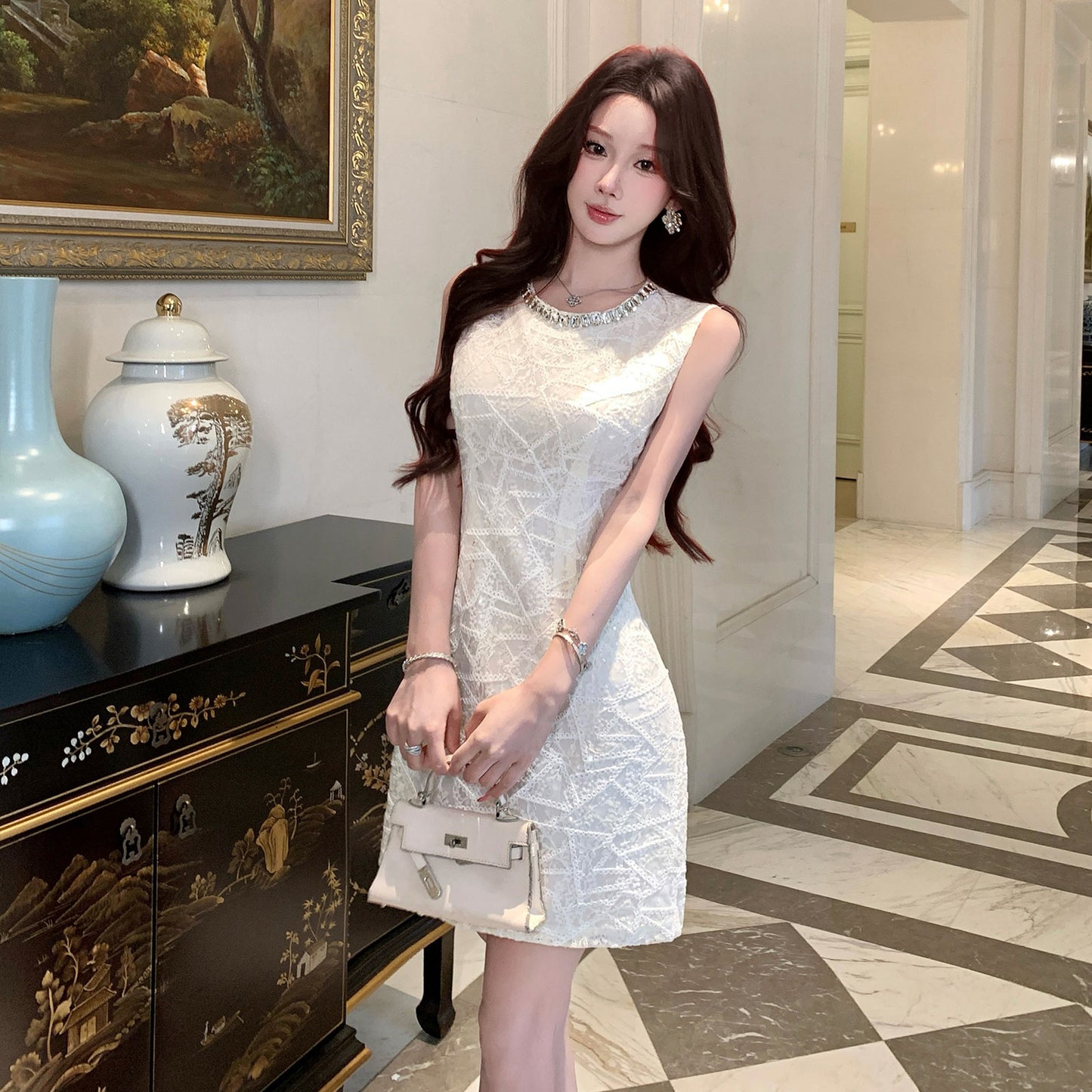Aura Sleeveless Embroidered Sheath Dress With Rhinestone Detail