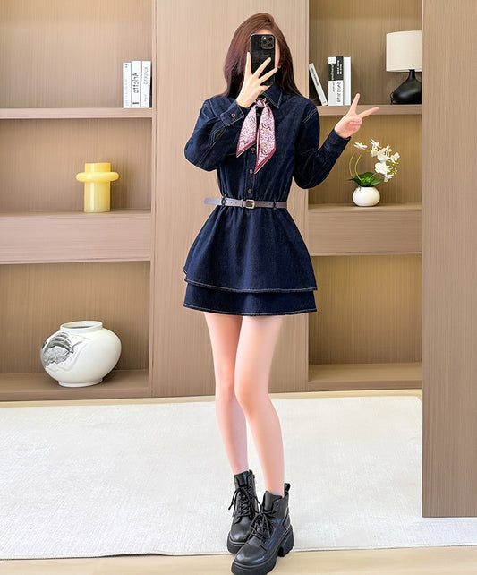 Tiered Skirt Long Sleeve Denim Mini Dress