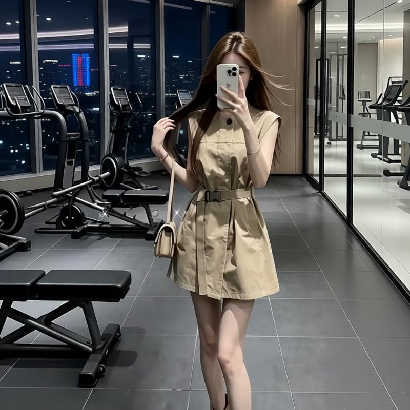 French Retro Khaki Vest Dress