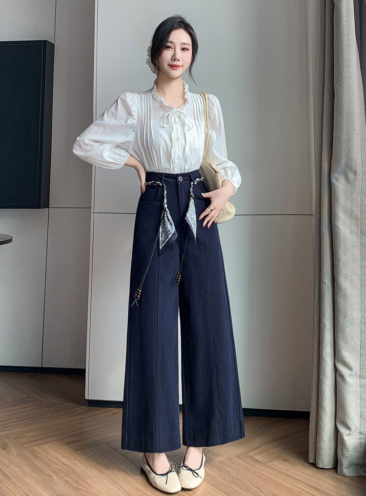 High-Waisted Boho Wide-Leg Trousers With Scarf Belt