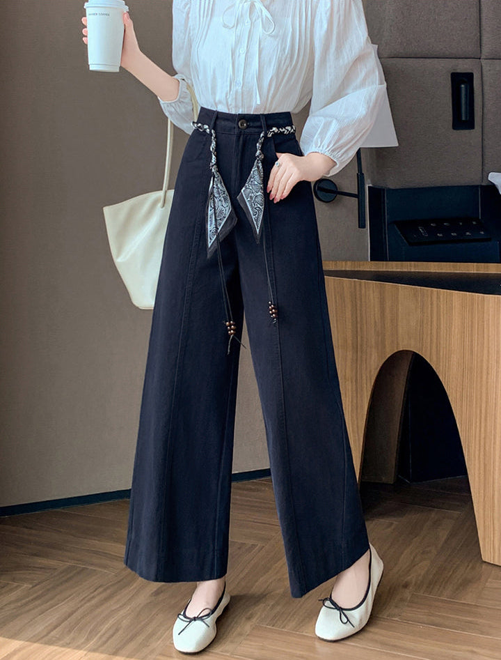 High-Waisted Boho Wide-Leg Trousers With Scarf Belt