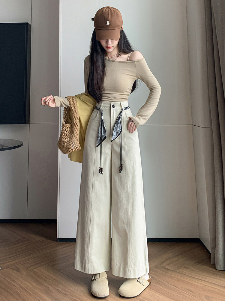 High-Waisted Boho Wide-Leg Trousers With Scarf Belt