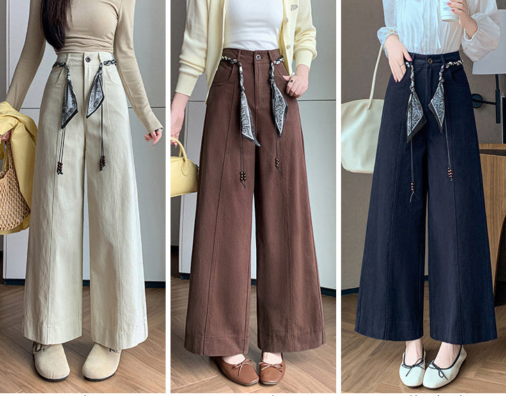 High-Waisted Boho Wide-Leg Trousers With Scarf Belt