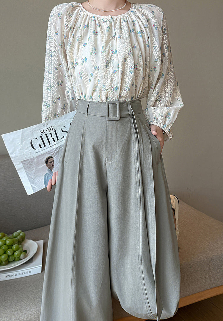 Olive Pleated Palazzo Pants-Wide Belted Culottes