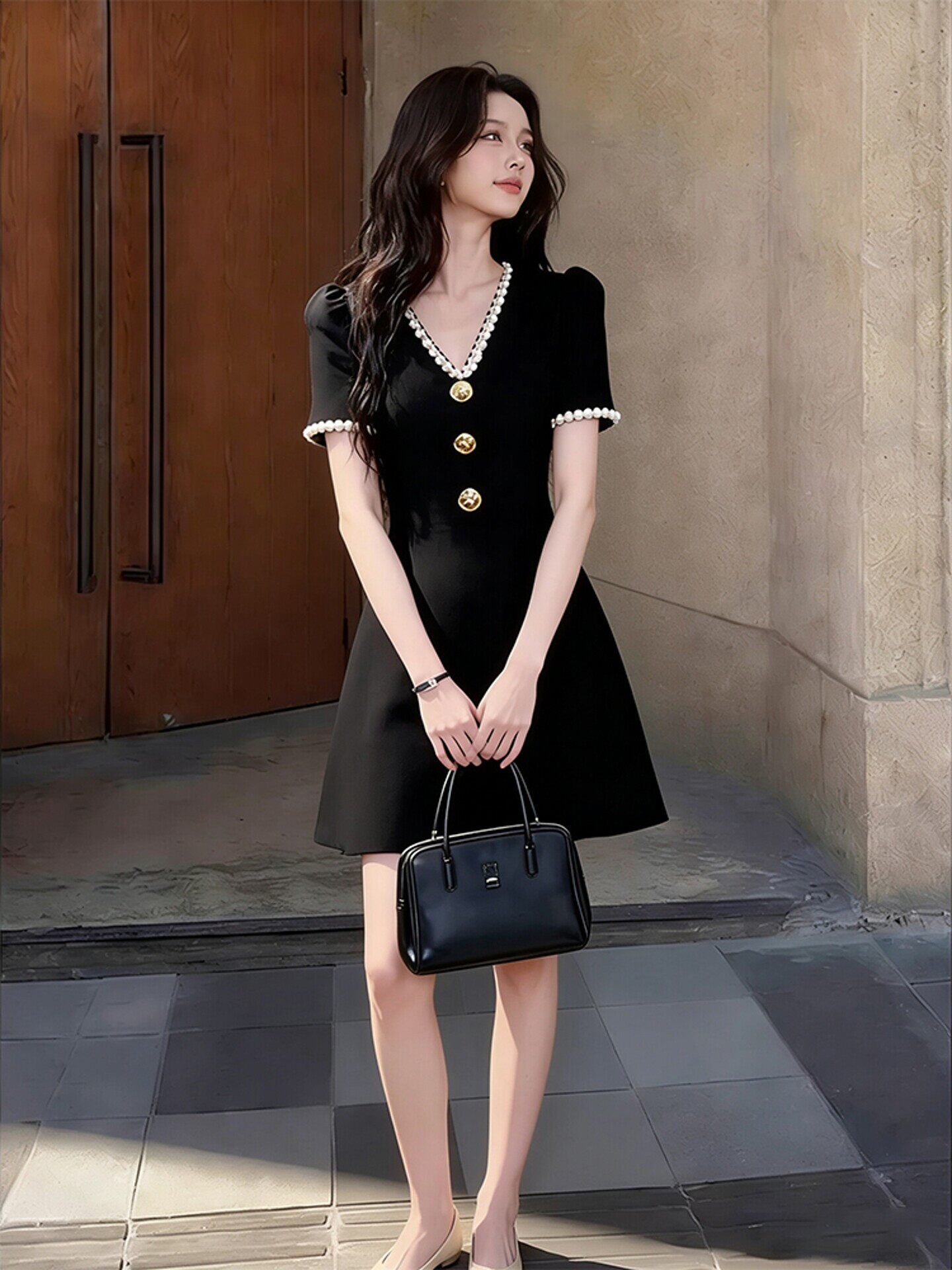 pearl-Trimmed V-Neck Mini Dress