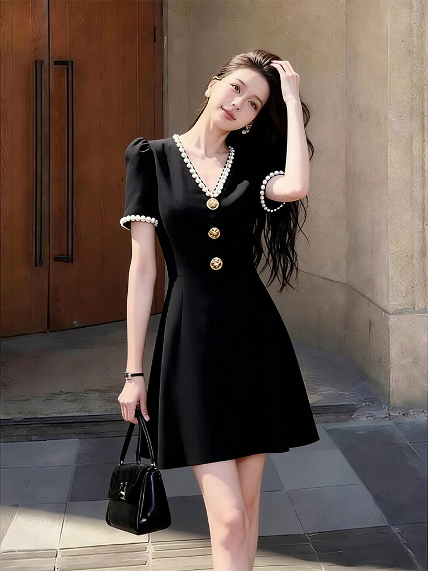 pearl-Trimmed V-Neck Mini Dress