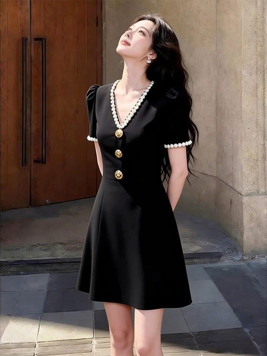 pearl-Trimmed V-Neck Mini Dress