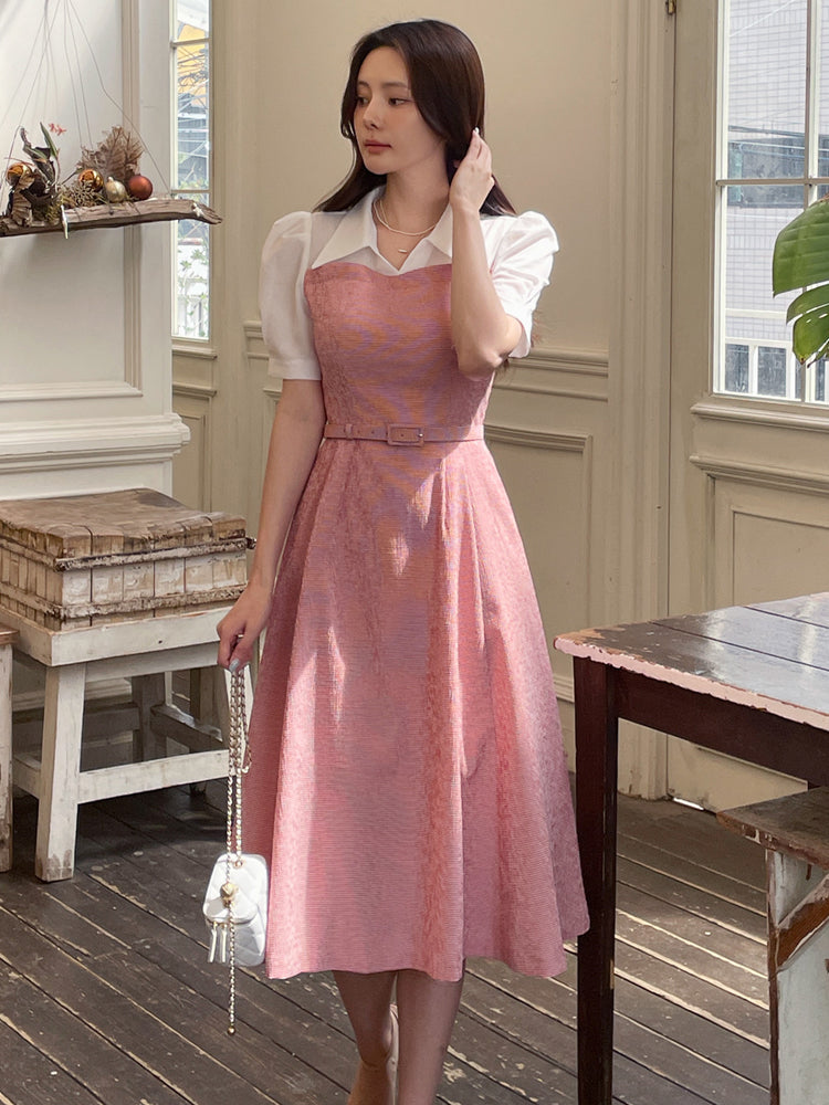 Peony Pink A-Line Dress with Layered Collar