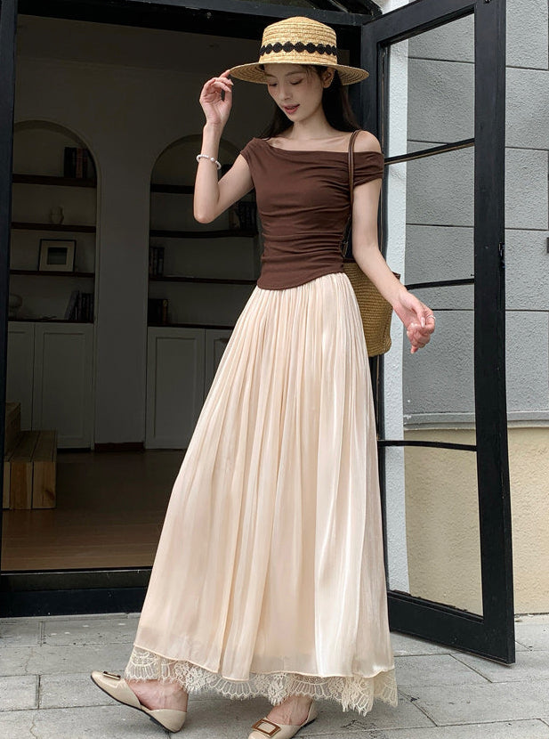 Women's Pleated Mesh Maxi Skirt With Eyelash Lace Trim