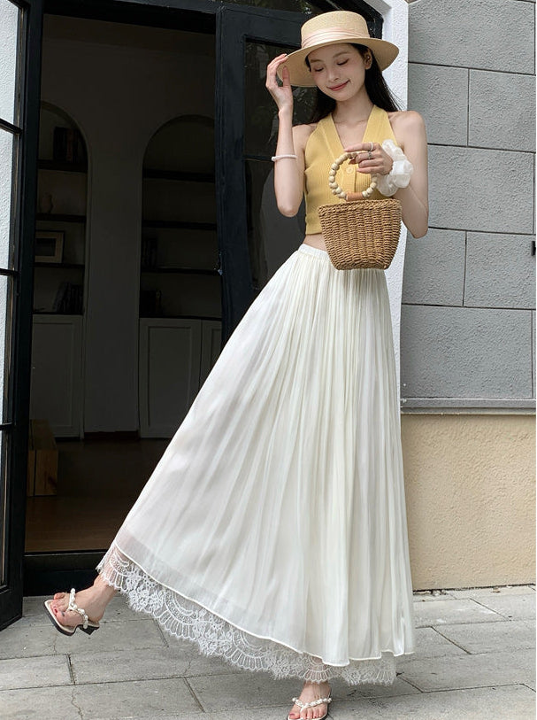 Women's Pleated Mesh Maxi Skirt With Eyelash Lace Trim