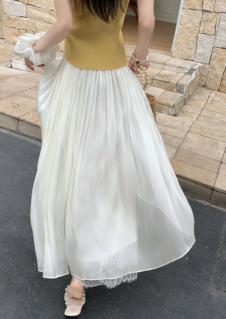 Women's Pleated Mesh Maxi Skirt With Eyelash Lace Trim