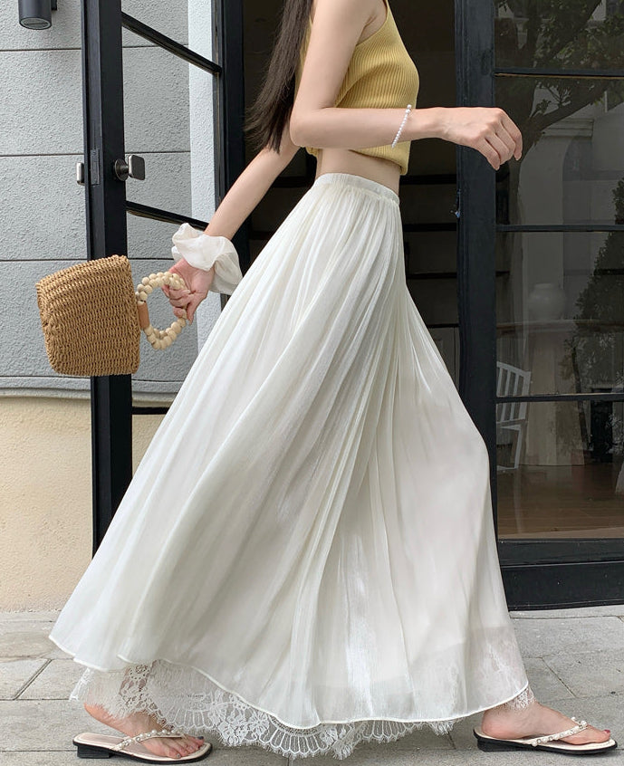 Women's Pleated Mesh Maxi Skirt With Eyelash Lace Trim