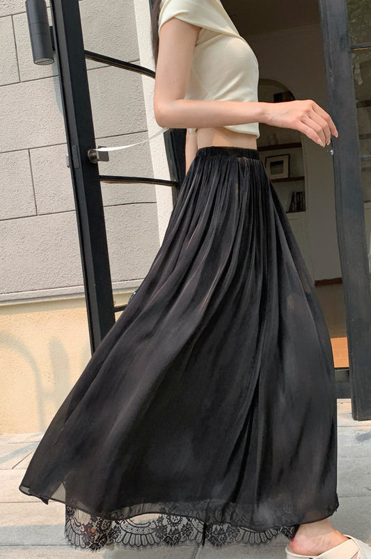 Women's Pleated Mesh Maxi Skirt With Eyelash Lace Trim