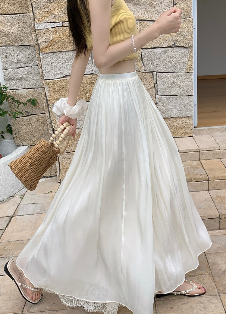 Women's Pleated Mesh Maxi Skirt With Eyelash Lace Trim