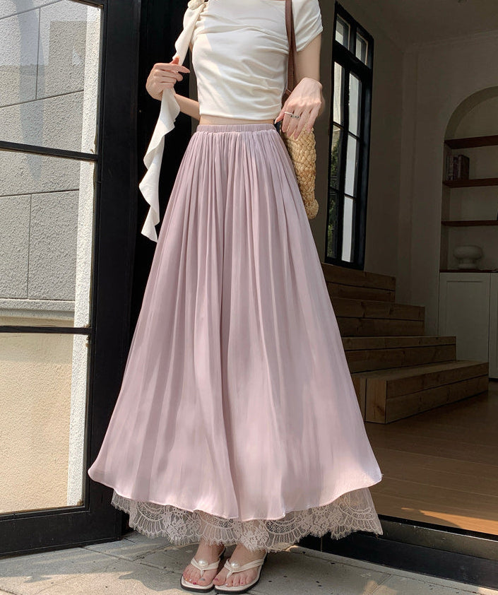 Women's Pleated Mesh Maxi Skirt With Eyelash Lace Trim