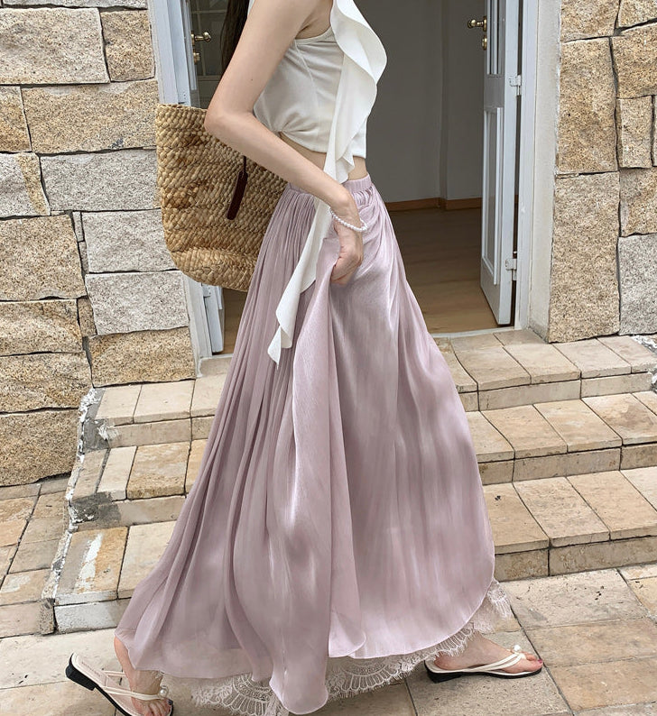 Women's Pleated Mesh Maxi Skirt With Eyelash Lace Trim