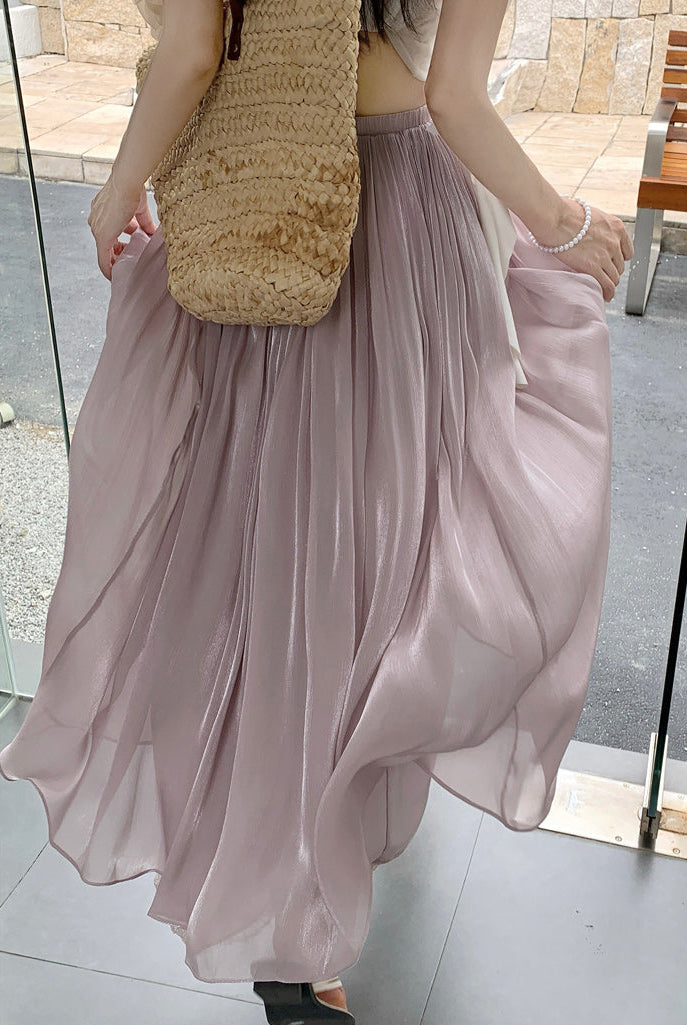 Women's Pleated Mesh Maxi Skirt With Eyelash Lace Trim