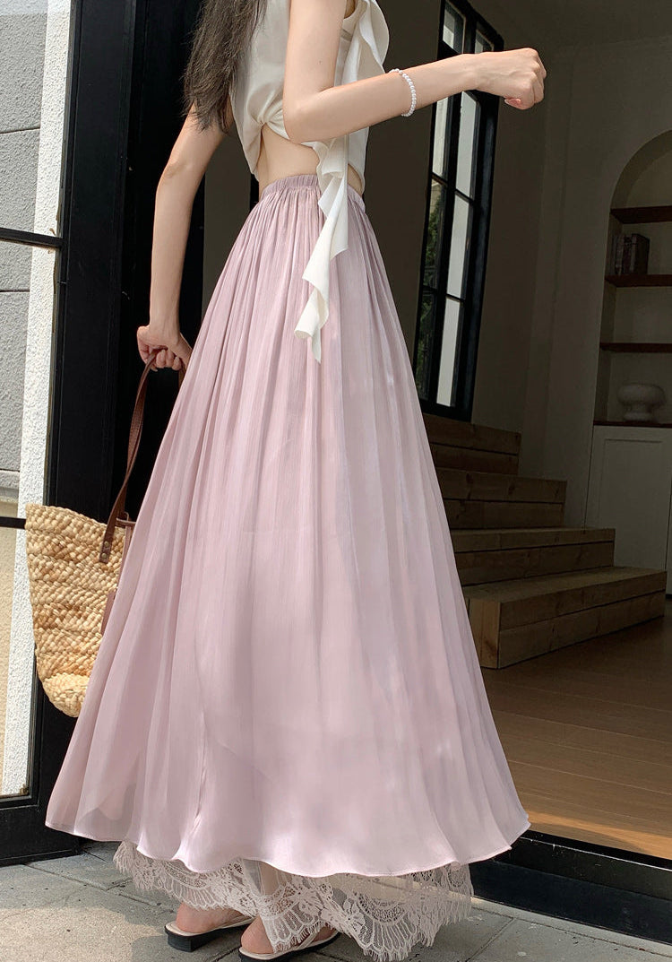 Women's Pleated Mesh Maxi Skirt With Eyelash Lace Trim