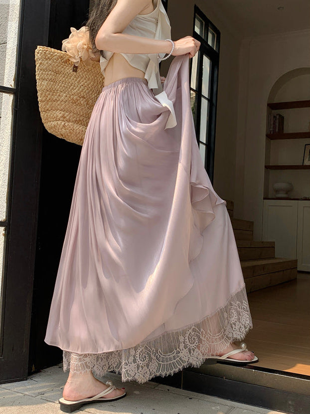 Women's Pleated Mesh Maxi Skirt With Eyelash Lace Trim