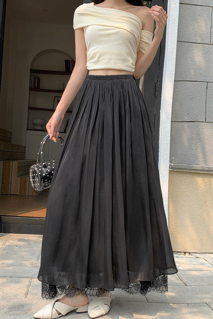 Women's Pleated Mesh Maxi Skirt With Eyelash Lace Trim