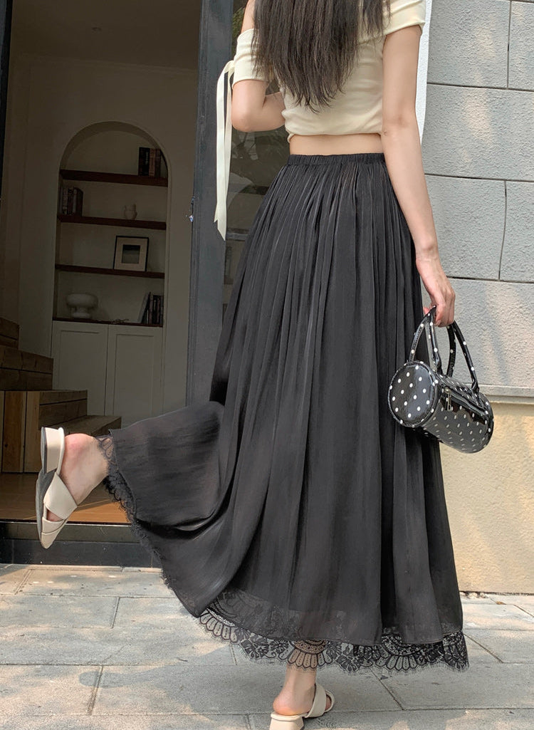 Women's Pleated Mesh Maxi Skirt With Eyelash Lace Trim