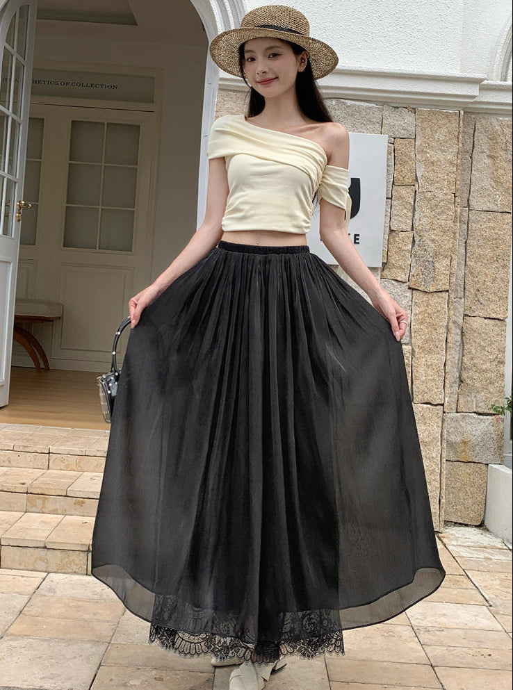 Women's Pleated Mesh Maxi Skirt With Eyelash Lace Trim