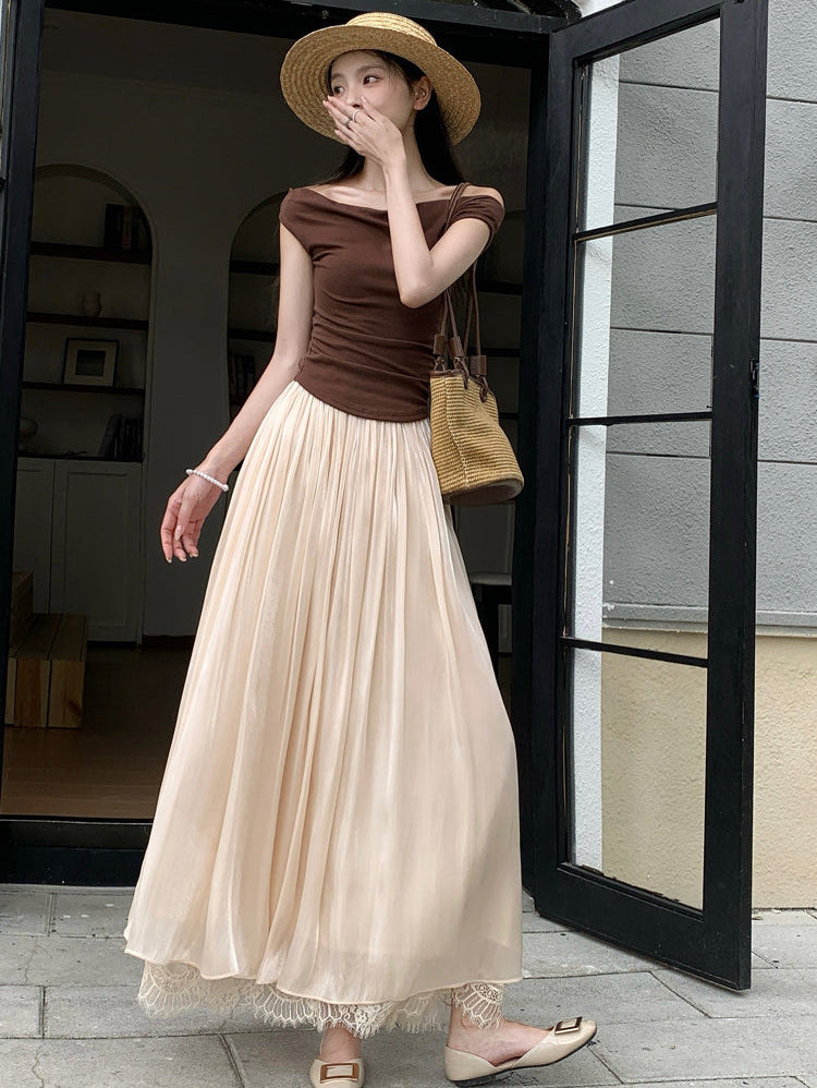 Women's Pleated Mesh Maxi Skirt With Eyelash Lace Trim