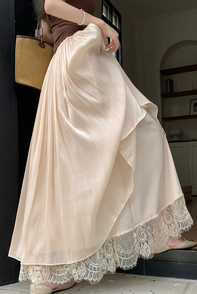 Women's Pleated Mesh Maxi Skirt With Eyelash Lace Trim
