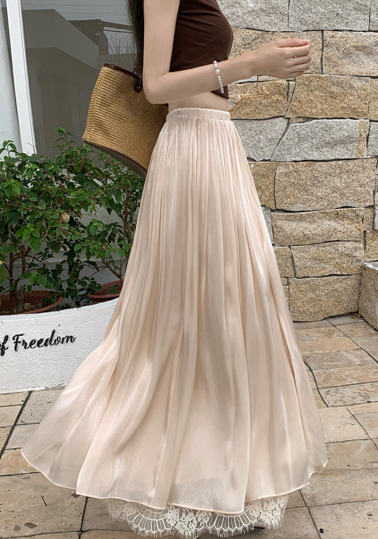 Women's Pleated Mesh Maxi Skirt With Eyelash Lace Trim